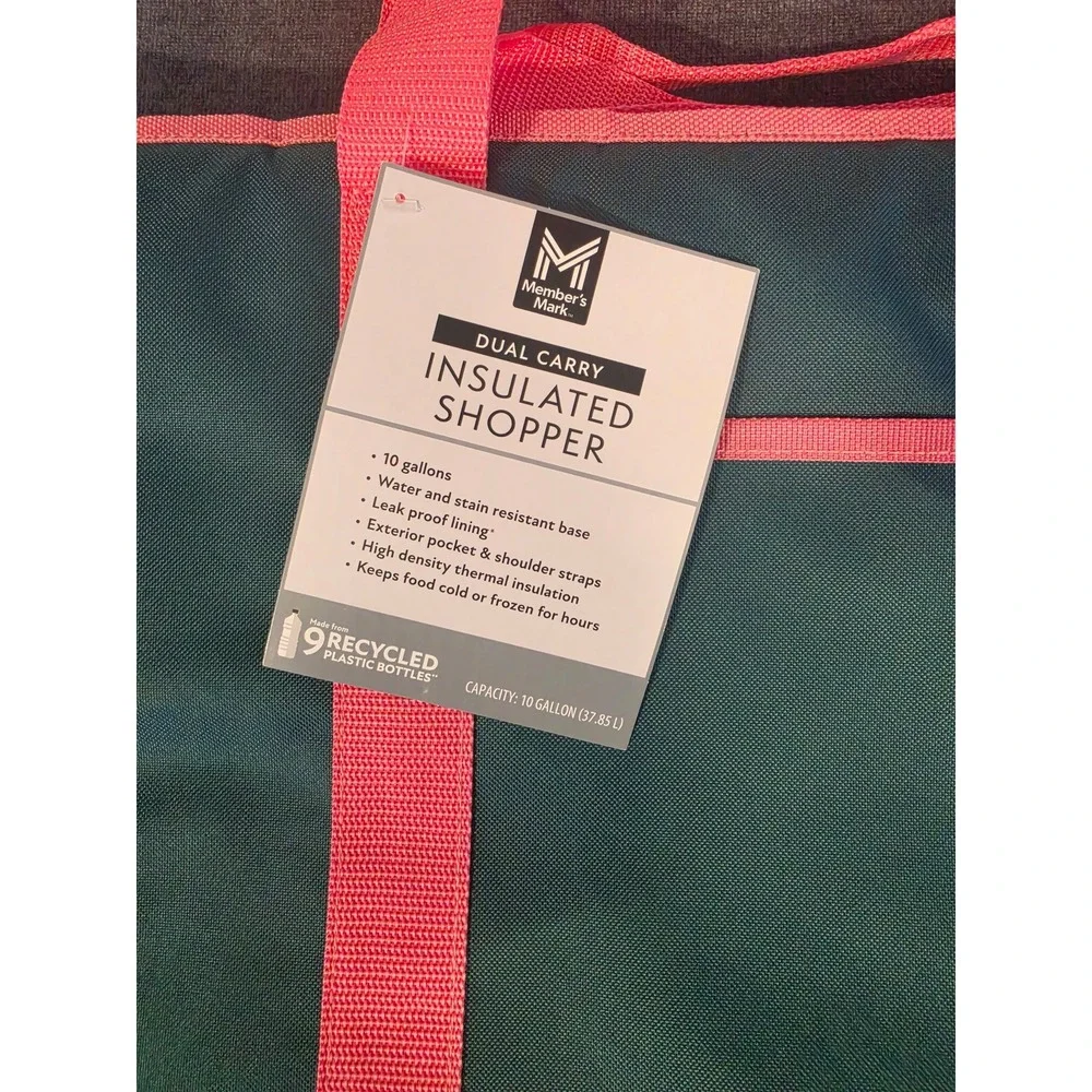 Member's Mark Dual Carry Insulated Shopper 10 Gallon Tote Bag Green Coral NWT